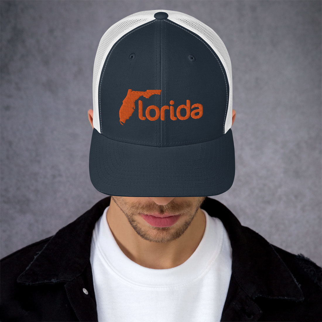 Florida FL Reversed Flipped Letter F Logo Orange Navy White Trucker Hat